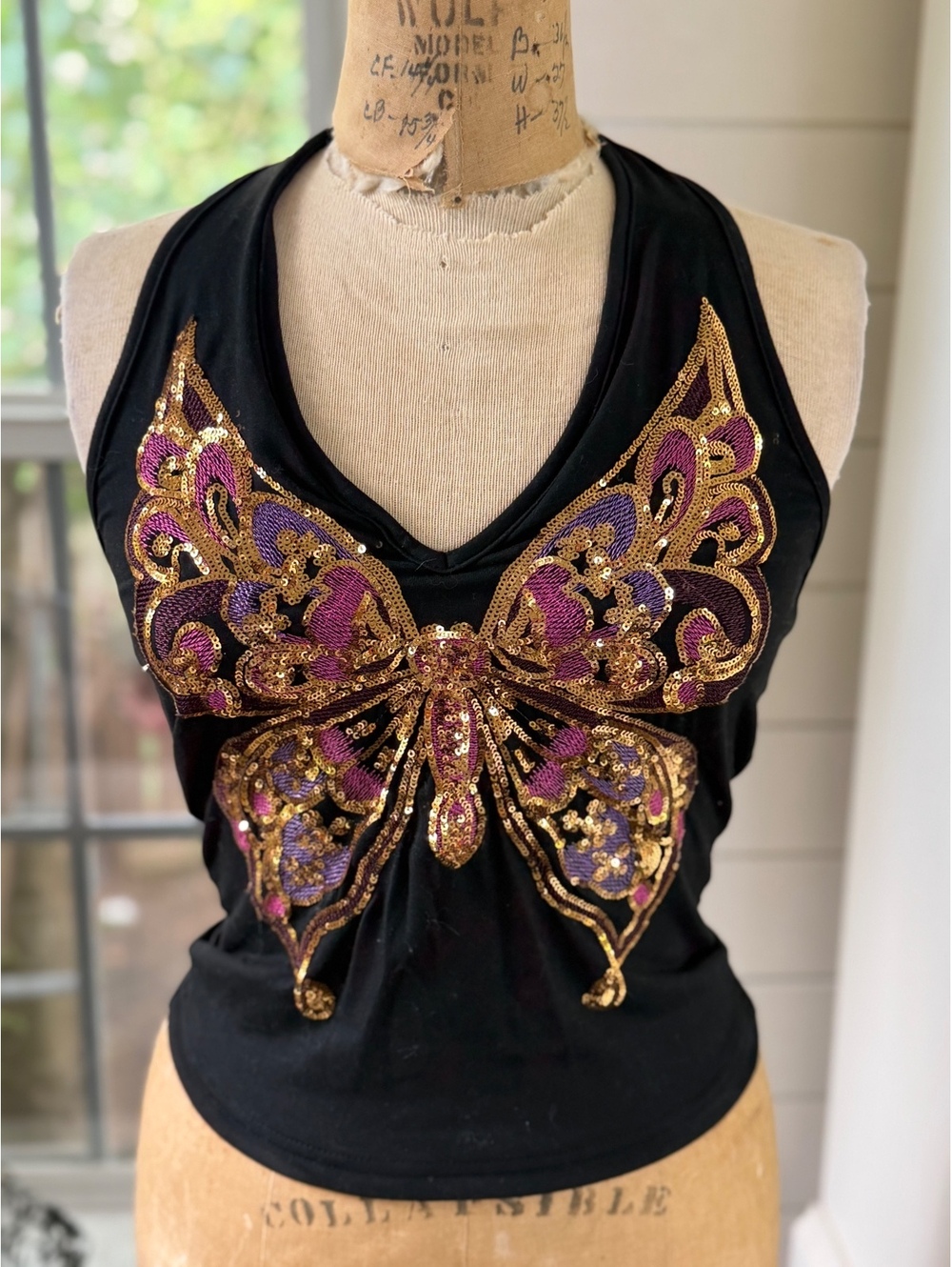 Festival Boho Vintage Y2K Sequin Butterfly Halter Top Butterfly Women Medium